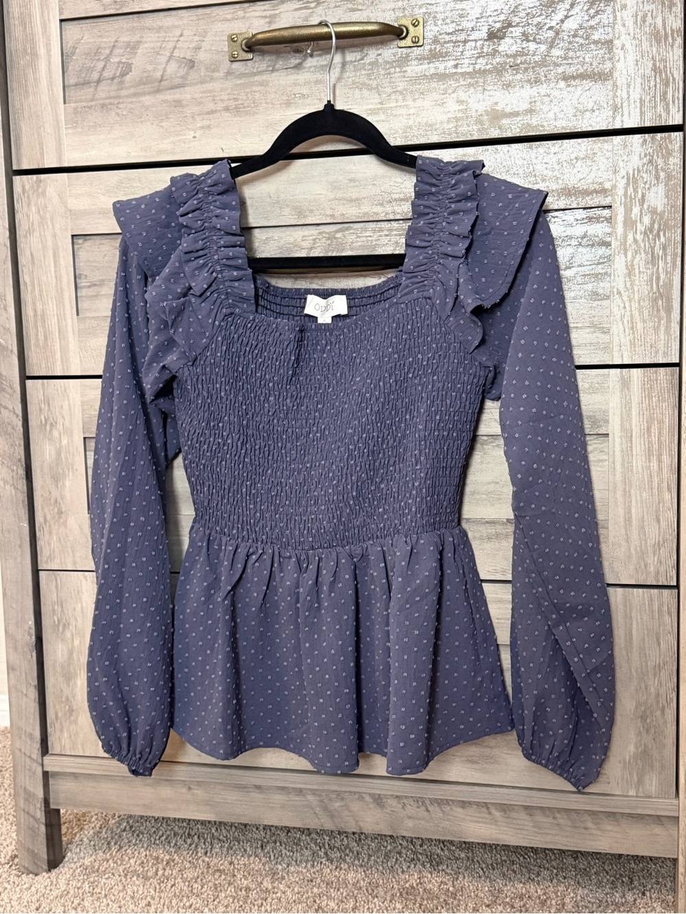 Oddy Smocked Ruffle Peplum Long-Sleeve Top - Blue